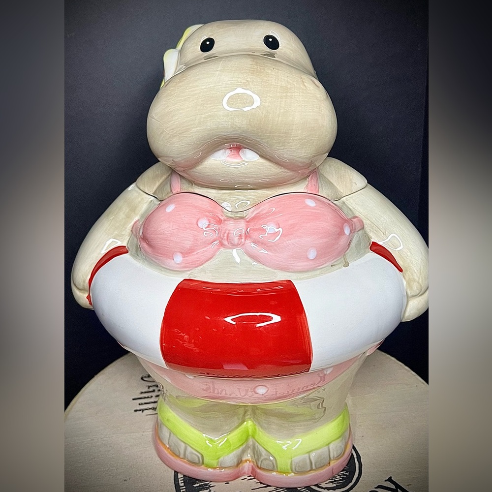 Vintage Henrietta Hippopotamus Hippo Hawaiian Bikini Cookie Jar 11”